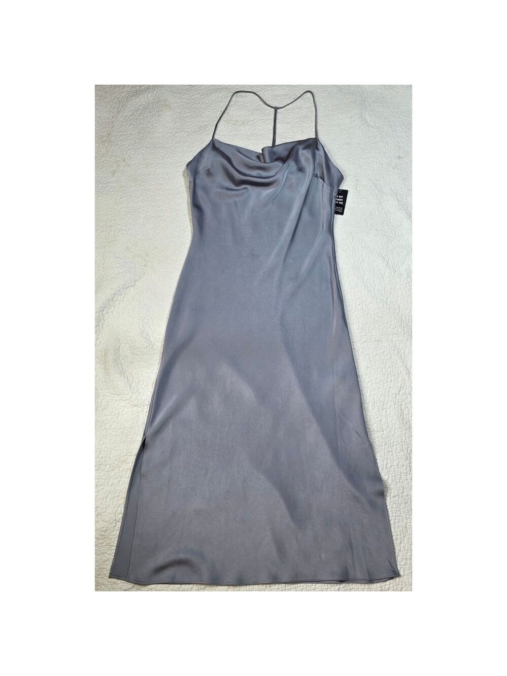 NWT Express Elegant Gray Satin Cowl Neck Spaghetti Strap Midi Dress